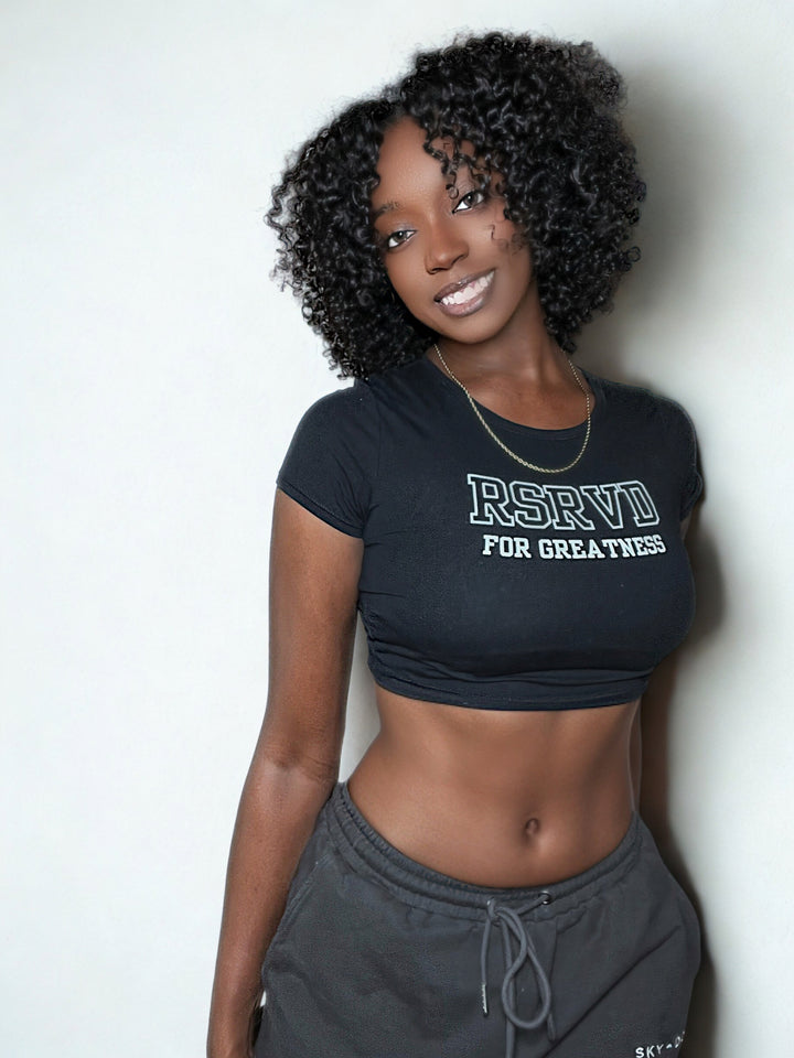 Slim Fit Crop Tee – “RSRVD for Greatness.” Printify