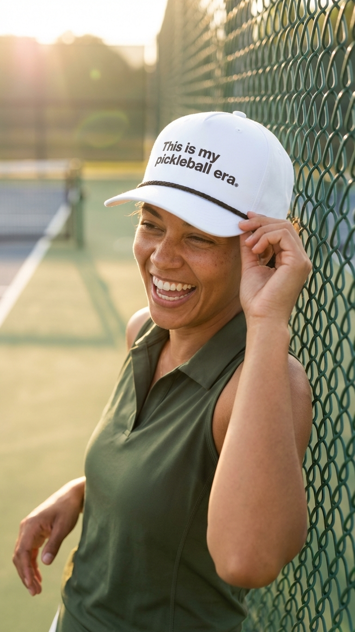 Woman on a pickleball court wearing a cap with &
