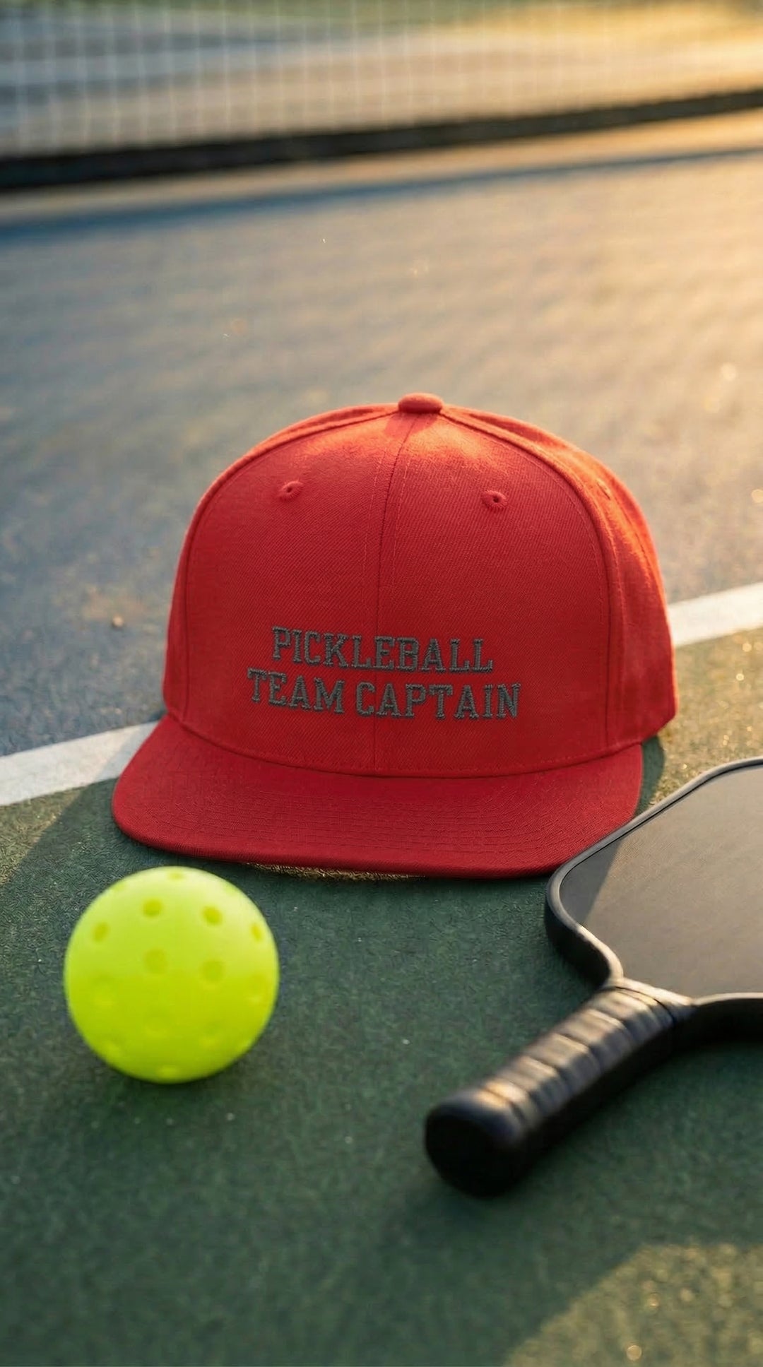 Red pickleball team captain cap with a yellow ball and paddle on a pickleball court.