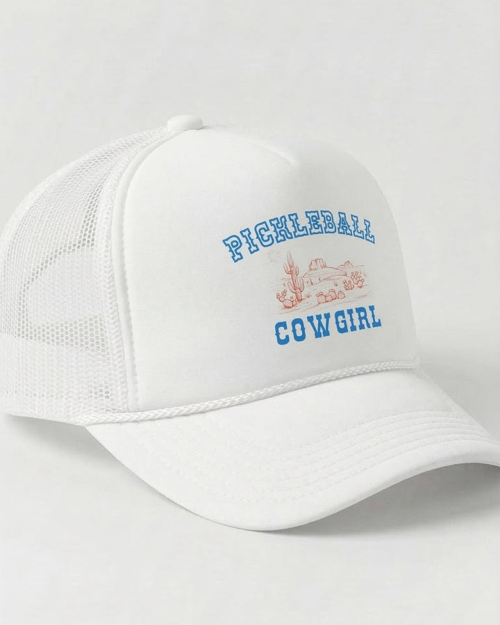 White cap with embroidered text on a white background