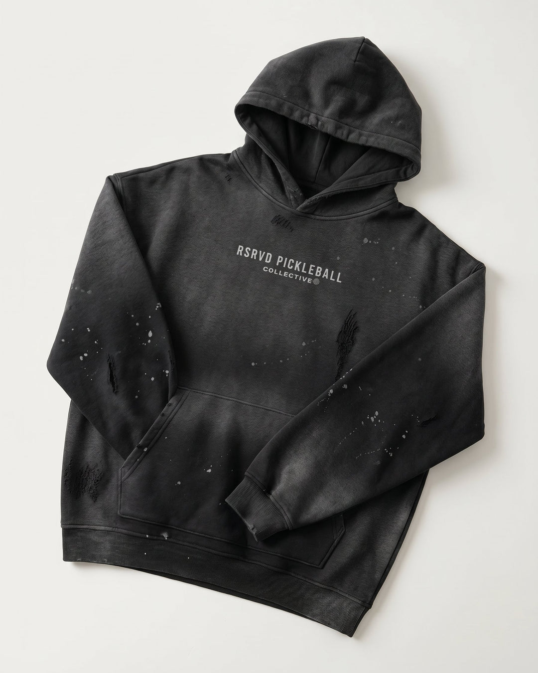 Black hoodie with speckled design and &
