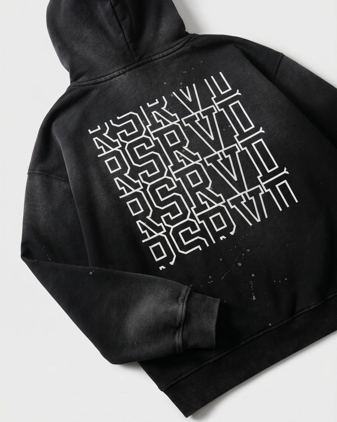 Black hoodie with white text pattern on a light gray background
