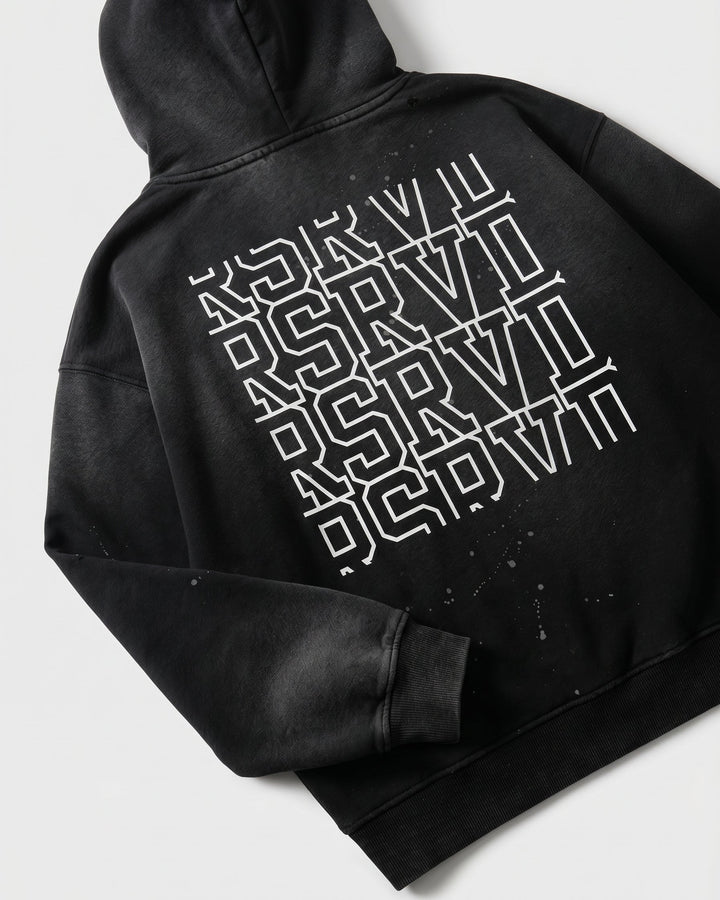 Black hoodie with white text pattern on a light gray background
