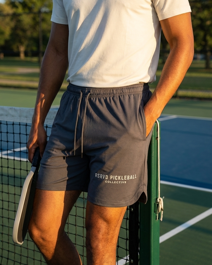 Person wearing a white t-shirt and gray shorts on a tennis court
