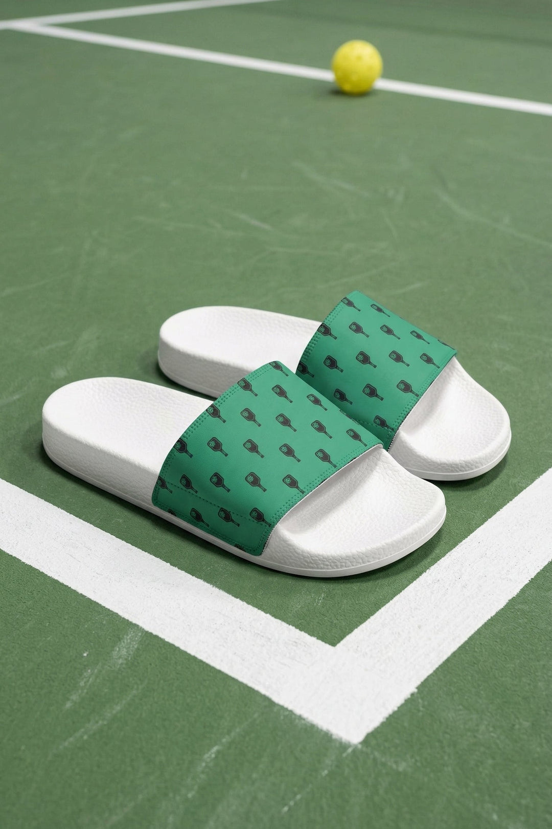 Green slide sandals with black pattern on a tennis court with a yellow ball.